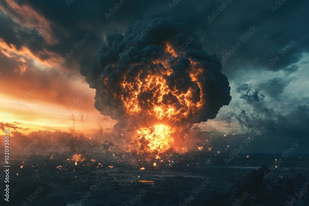 Fototapeta premium Explosion of smoke and fire in the sky, with flames and ash spreading outwards