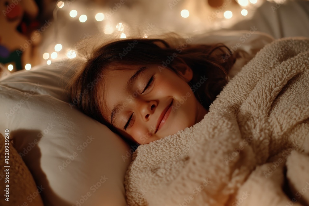 A delighted child sleeps amidst glowing soft lights, wrapped in a blanket, portraying a sense of warmth, security, and festive joy during the holiday season. A delighted child sleeps amidst glowing soft lights, wrapped in a blanket, portraying a sense of warmth, security, and festive joy during the holiday season.