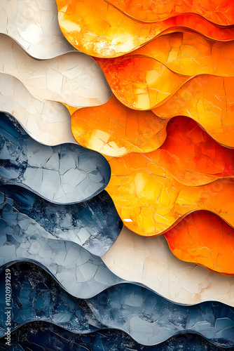 Tableau abstrait tricolore représentant des vagues