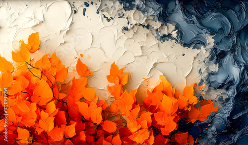 Tableau abstrait tricolore représentant des vagues et des feuilles