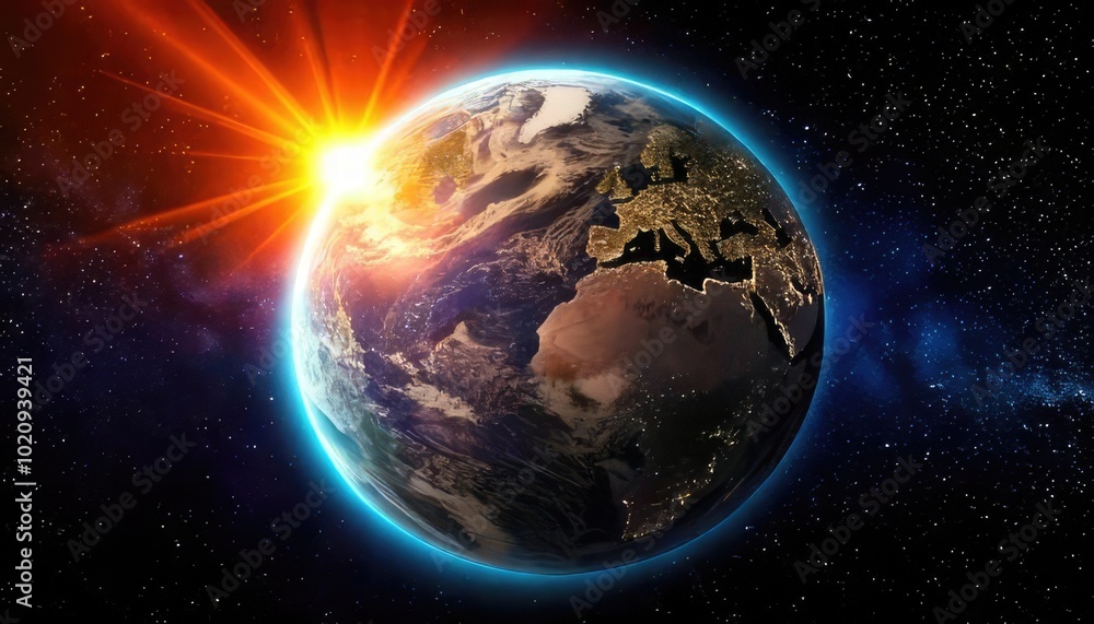 Fototapeta premium Earth with sun rays shining from space, depicting the beauty of our planet.