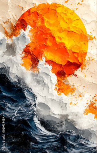 Tableau abstrait tricolore représentant des vagues avec un soleil