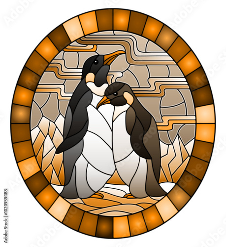 Illustration in stained glass style with a pair of penguins on a background of snow, moon and Northern lights, oval image in frame, tone brown