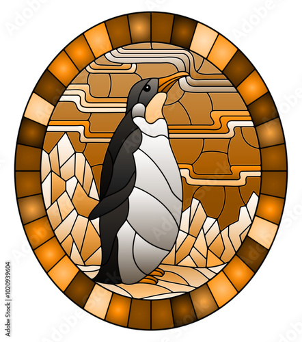 Illustration in stained glass style with a  penguin on a background of snow, moon and Northern lights, oval image in frame, tone brown