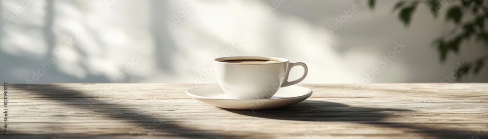 A beautiful white coffee cup on a rustic wooden table, casting soft shadows, accentuating a cozy atmosphere. A beautiful white coffee cup on a rustic wooden table, casting soft shadows, accentuating a cozy atmosphere.