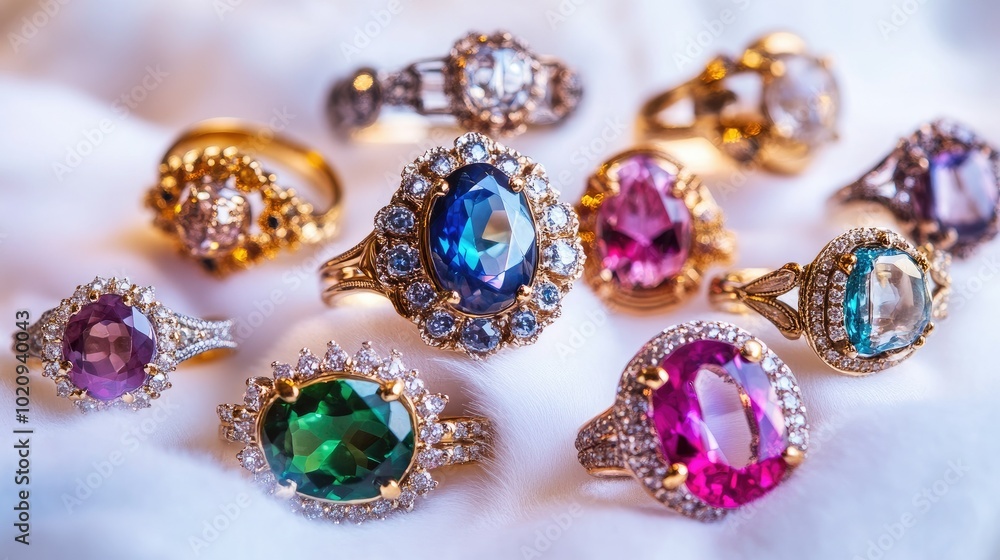 A stunning collection of colored gemstone rings elegantly arranged on a white backdrop, showcasing the vibrant hues and intricate designs A stunning collection of colored gemstone rings elegantly arranged on a white backdrop, showcasing the vibrant hues and intricate designs