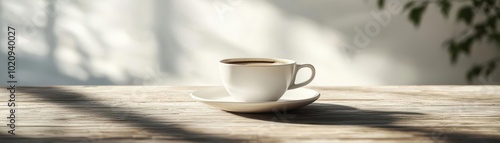 A beautiful white coffee cup on a rustic wooden table, casting soft shadows, accentuating a cozy atmosphere.