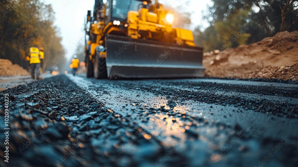Freshly Laid Asphalt Road with Construction Equipment in the Background Freshly Laid Asphalt Road with Construction Equipment in the Background