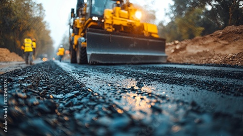 Freshly Laid Asphalt Road with Construction Equipment in the Background