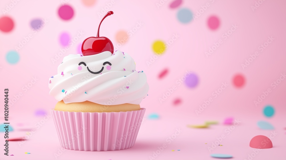 Smiling cupcake with cherry, fun confetti backdrop, 3D illustration Smiling cupcake with cherry, fun confetti backdrop, 3D illustration