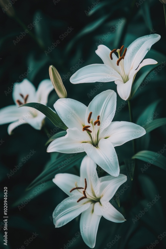 Obraz premium A bouquet of white flowers with green leaves, ideal for interior design or still life photography