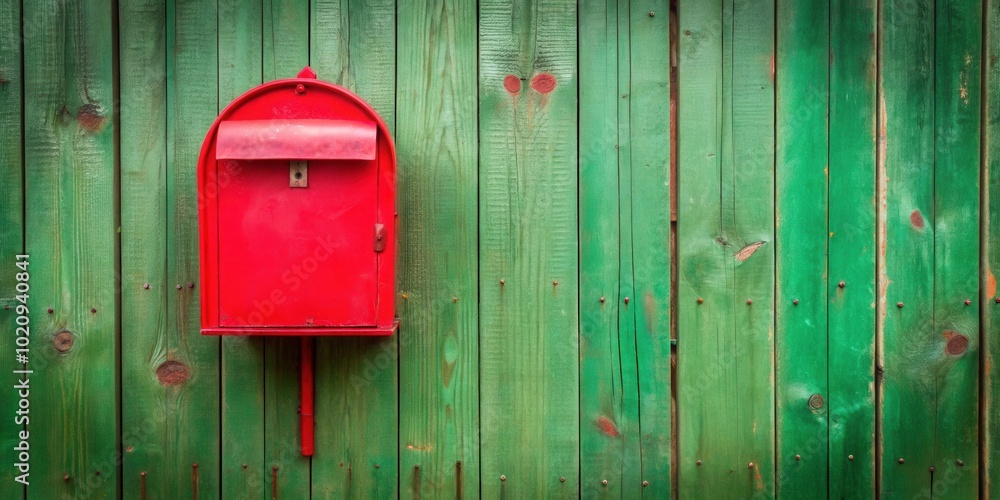 A bright red mailbox stands out against a backdrop of weathered green wooden planks.