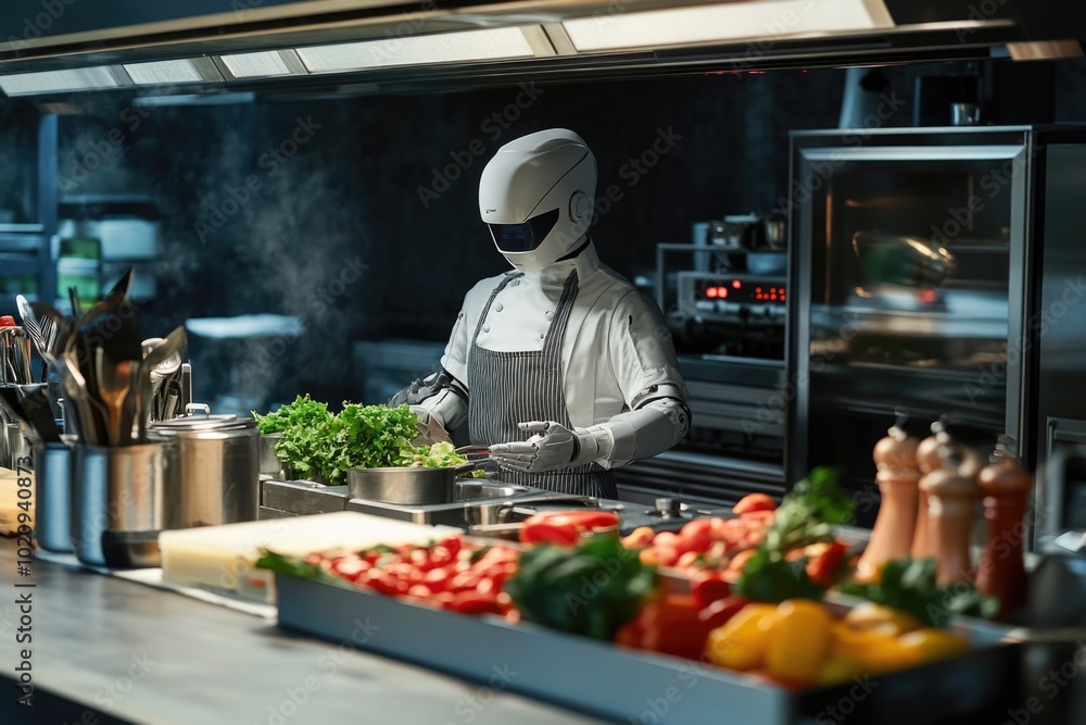 A robot prepares a meal in a kitchen A robot prepares a meal in a kitchen