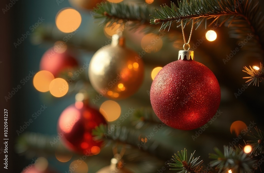 Decorative christmas red balls on a tree with bokeh in the background, shallow depth of field, new year decor, merry christmas Decorative christmas red balls on a tree with bokeh in the background, shallow depth of field, new year decor, merry christmas