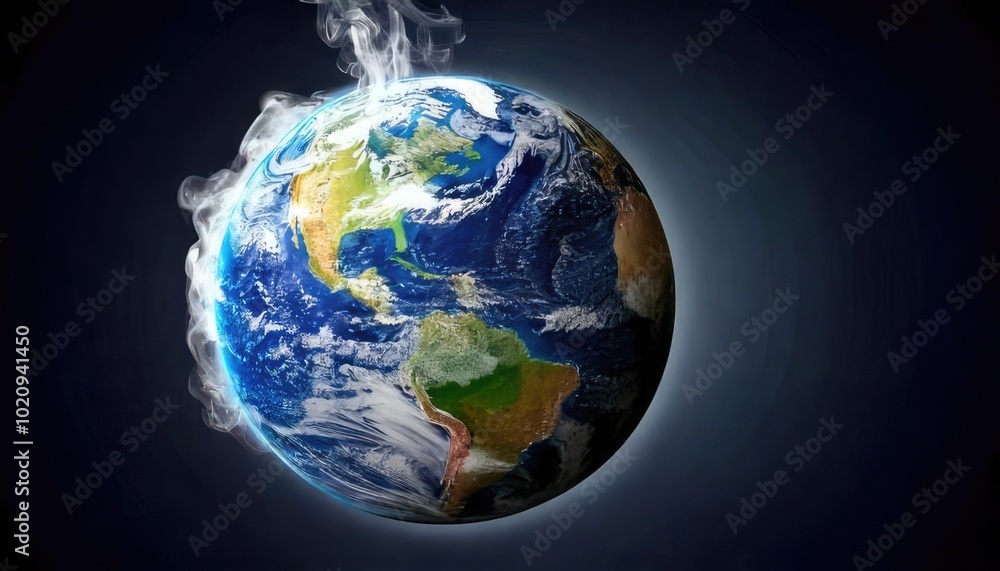 Planet Earth surrounded by smoke, on a dark background, representing environmental issues. Planet Earth surrounded by smoke, on a dark background, representing environmental issues.