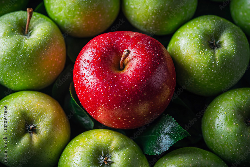 A vibrant red apple stands out among several green apples A vibrant red apple stands out among several green apples