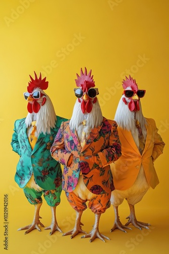 Three chickens dressed up in colorful outfits photo