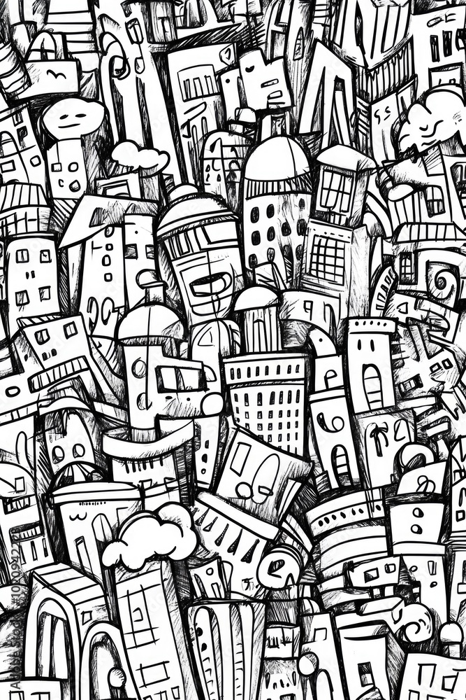 A black and white drawing of a city, perfect for use in designs where a classic urban feel is needed A black and white drawing of a city, perfect for use in designs where a classic urban feel is needed