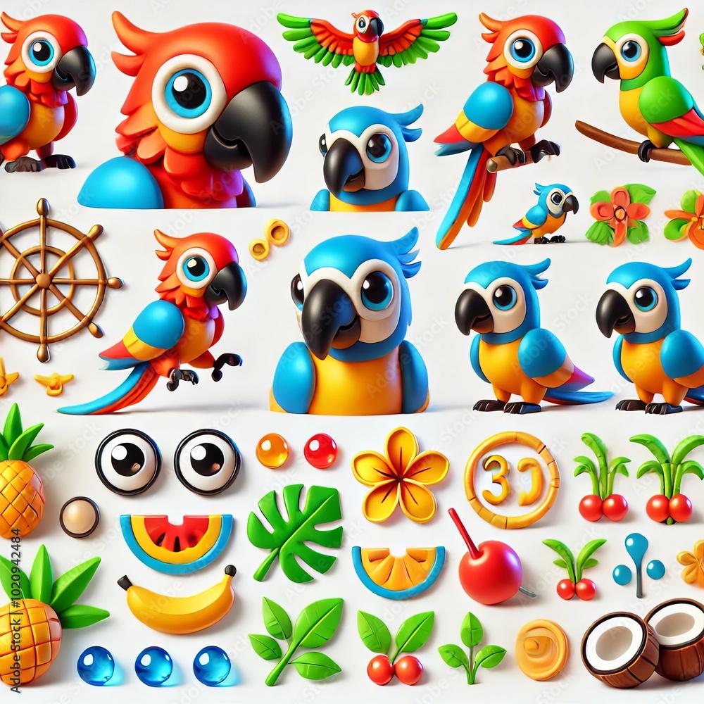 Naklejka premium 3D Cartoon Parrot Tropical Summer Set