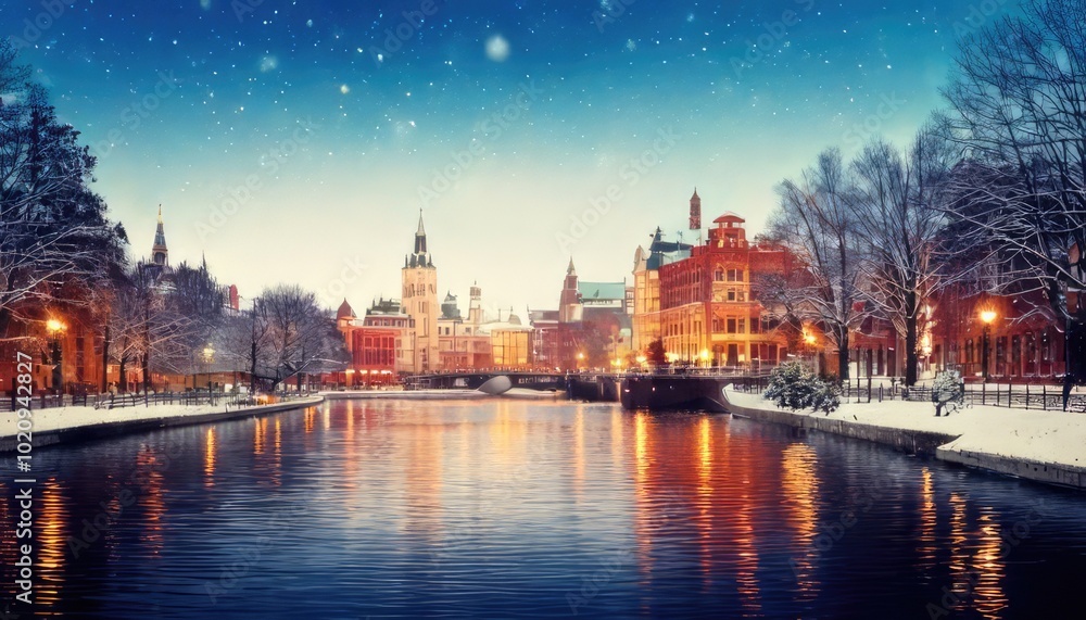Naklejka premium Winter cityscape with historic buildings and snow-covered landscape by the river.