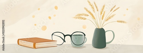 A minimalist flat illustration of glasses, a book, and a coffee mug on a table with wheat sheaves in a vase