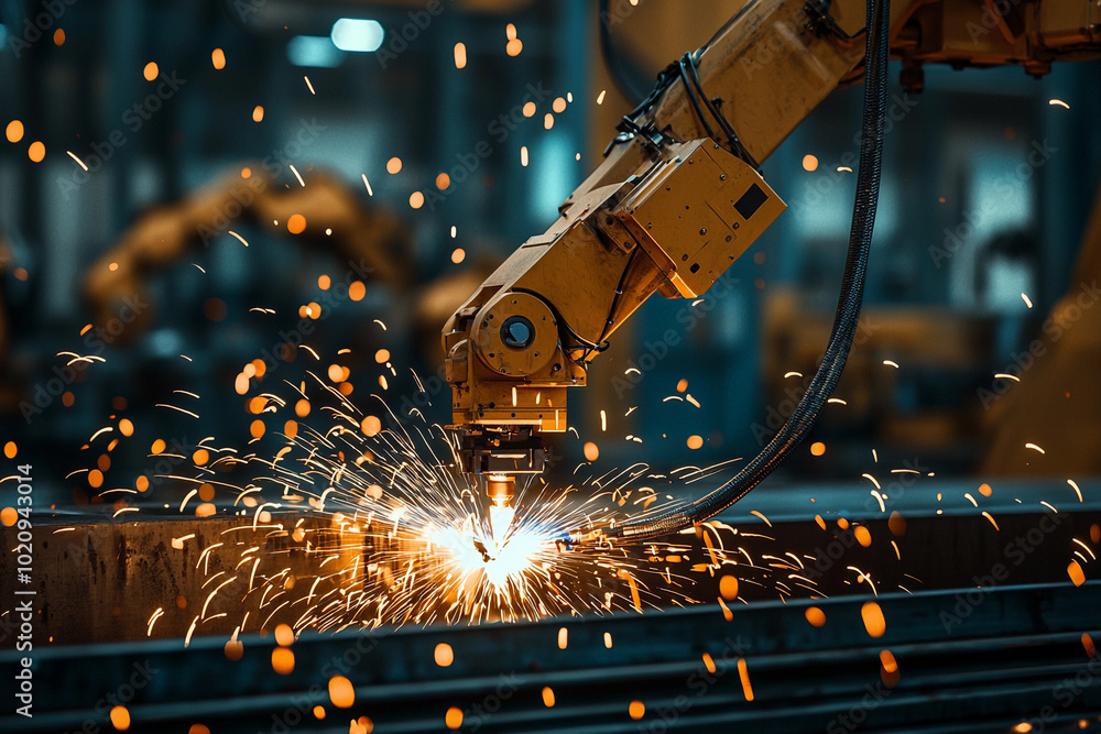 Industrial robot performing metal cutting with sparks at factory Industrial robot performing metal cutting with sparks at factory