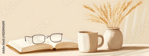 A minimalist flat illustration of glasses, a book, and a coffee mug on a table with wheat sheaves in a vase
