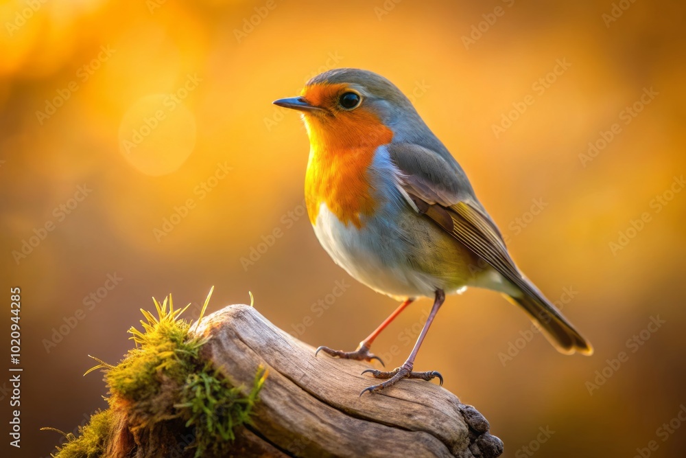 With gentle backlighting, a robin rests on a log amidst a picturesque natural landscape, symbolizing tranquility and the beauty of wildlife in its With gentle backlighting, a robin rests on a log amidst a picturesque natural landscape, symbolizing tranquility and the beauty of wildlife in its