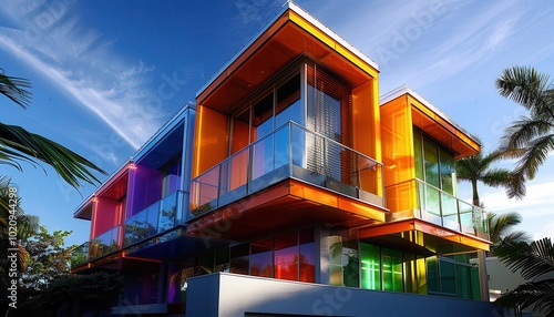 Solar-Powered House, eco-friendly, modern design, vibrant colors, photography