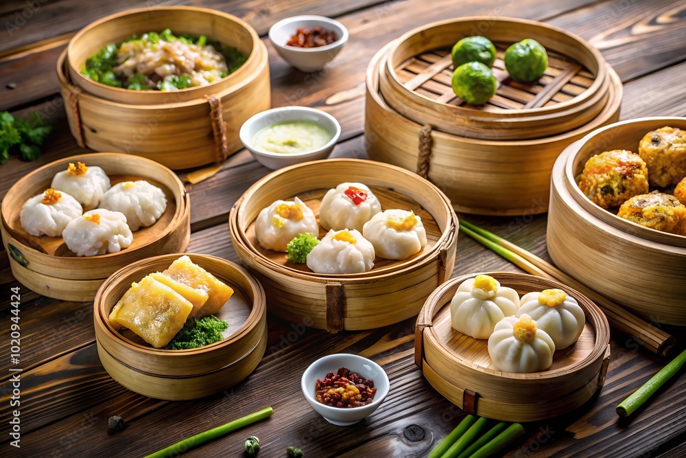 Dim Sum asian on wooden table Dim Sum asian on wooden table