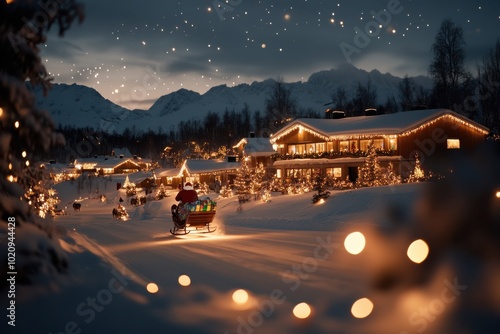 A festive sleigh filled with gifts glides through a snow-covered village illuminated by twinkling lights, evoking a sense of wonder and holiday magic. photo