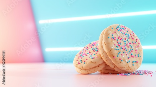 Cookies with sprinkles, glowing blue and pink setting, 3D illustration