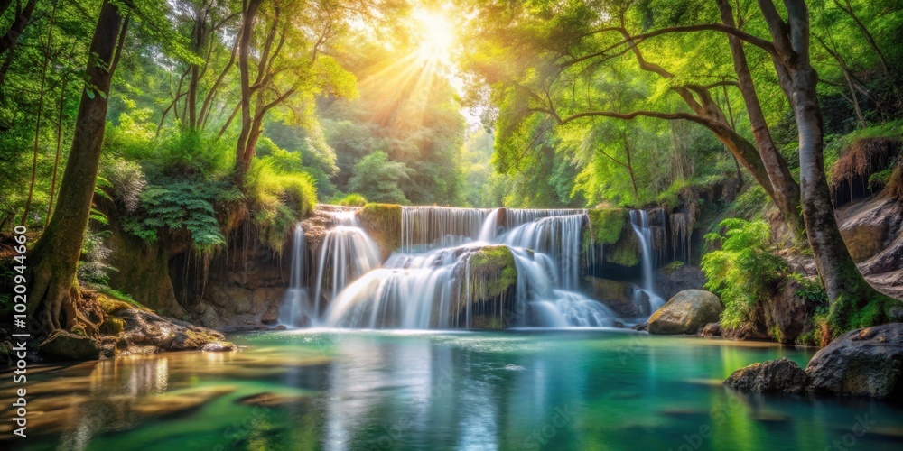 Obraz premium Sunlight Filtering Through Lush Canopy Illuminates a Cascading Waterfall in a Tranquil Forest Oasis