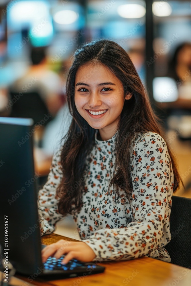 A woman sits in front of a laptop, focused on her work A woman sits in front of a laptop, focused on her work