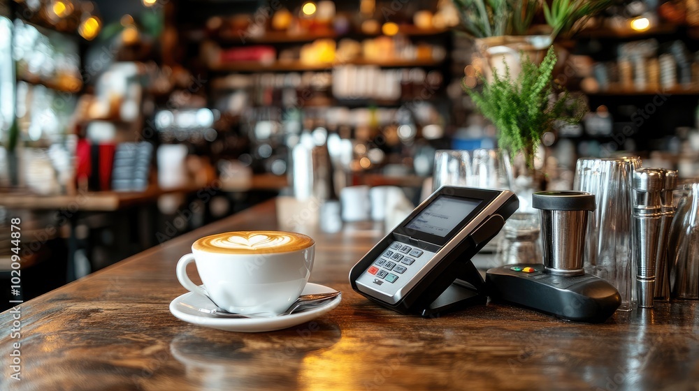 Cozy Coffee Shop with Latte and Payment Terminal Cozy Coffee Shop with Latte and Payment Terminal