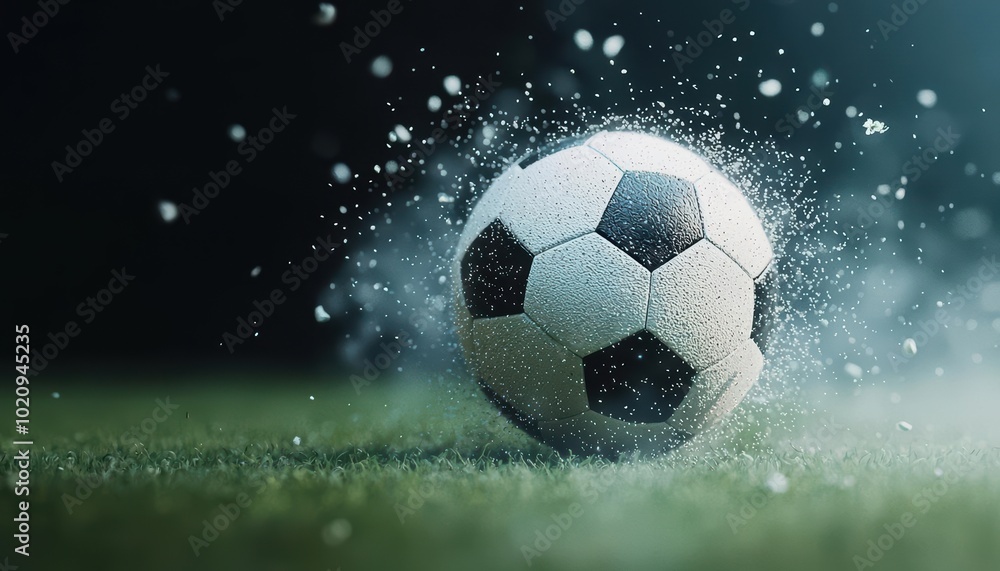 Fototapeta premium A soccer ball splashes water while rolling on a grassy field, capturing motion and energy in dynamic action.