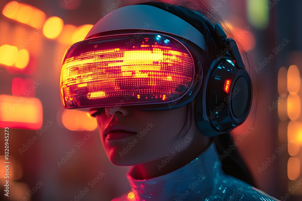 Wearing A VR Headset With Glowing Neon Light Wearing A VR Headset With Glowing Neon Light