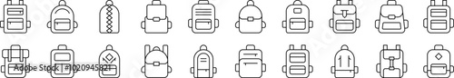 Schoolbag, Bag for Tracking and Hiking Outline Icon Collection. Editable Stroke. Perfect for Infographics, Articles, Books, Flyers, Banners
