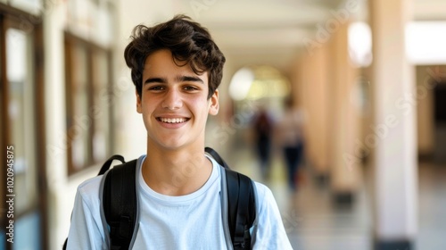 Portrait of handsome young university student standing and leaning to a wall in college corridor with other students at the back. Caucasian male student in high school campus.