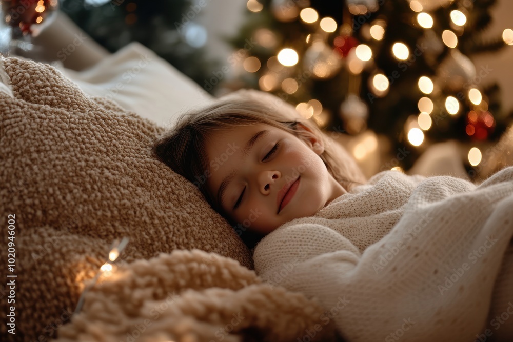 A young child peacefully sleeps with a gentle smile, surrounded by soft blankets and warm lighting, in front of a beautifully decorated Christmas tree. A young child peacefully sleeps with a gentle smile, surrounded by soft blankets and warm lighting, in front of a beautifully decorated Christmas tree.