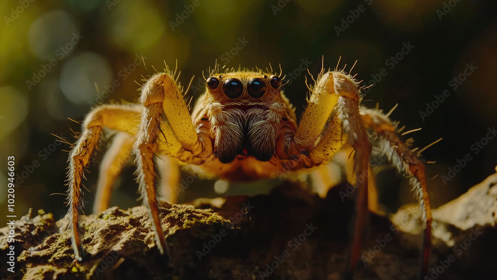 Macro shot of a yellow spider, detailed view of its eyes and hairy legs Macro shot of a yellow spider, detailed view of its eyes and hairy legs