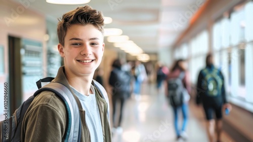 Portrait of handsome young university student standing and leaning to a wall in college corridor with other students at the back. Caucasian male student in high school campus.