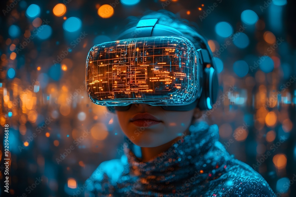 Person Using VR Headset In A Virtual Environment, Surrounded By Digital Instructions And Holographic Elements Person Using VR Headset In A Virtual Environment, Surrounded By Digital Instructions And Holographic Elements