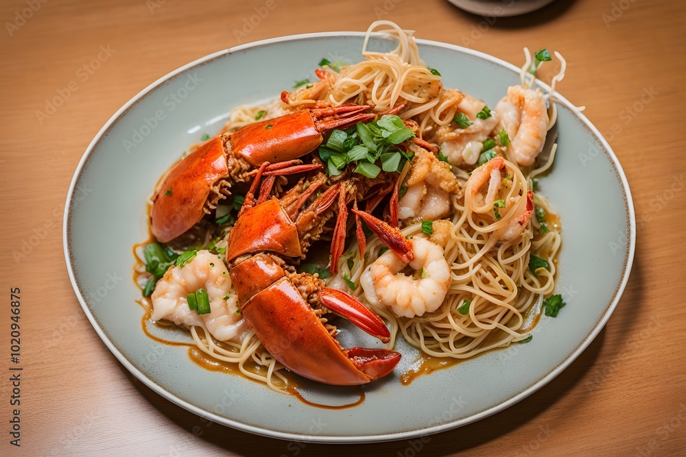 A plate of cantonese style lobster in ginger and scallion sauce served with crispy noodles, Ai Generated A plate of cantonese style lobster in ginger and scallion sauce served with crispy noodles, Ai Generated