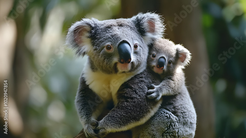 Mother koala with baby on her back. photo