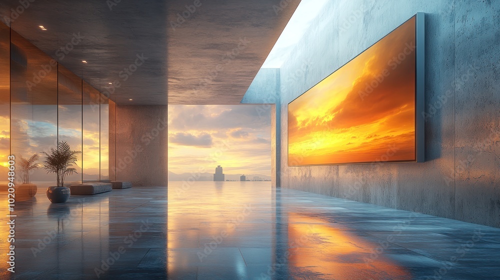 Modern interior with sunset view and large screen display. Modern interior with sunset view and large screen display.