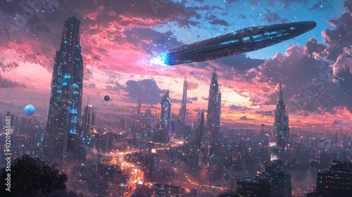 Futuristic cityscape with a spaceship flying at sunset