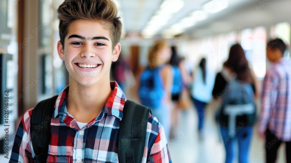 Portrait of handsome young university student standing and leaning to a wall in college corridor with other students at the back. Caucasian male student in high school campus. Portrait of handsome young university student standing and leaning to a wall in college corridor with other students at the back. Caucasian male student in high school campus.
