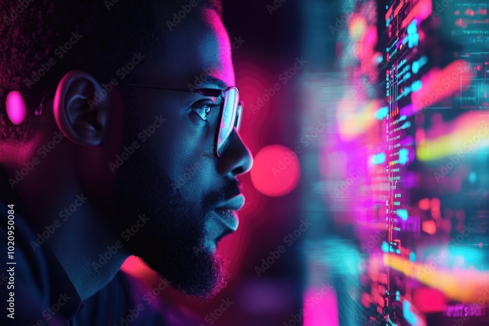 A person wearing glasses focused on a computer monitor, suitable for tech-related illustrations and presentations A person wearing glasses focused on a computer monitor, suitable for tech-related illustrations and presentations