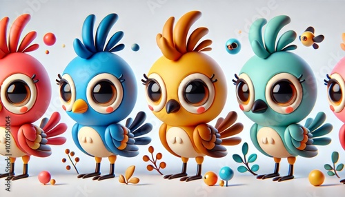 Wallpaper Mural Cute Cartoon Birds with Big Eyes and Colorful Feathers Torontodigital.ca